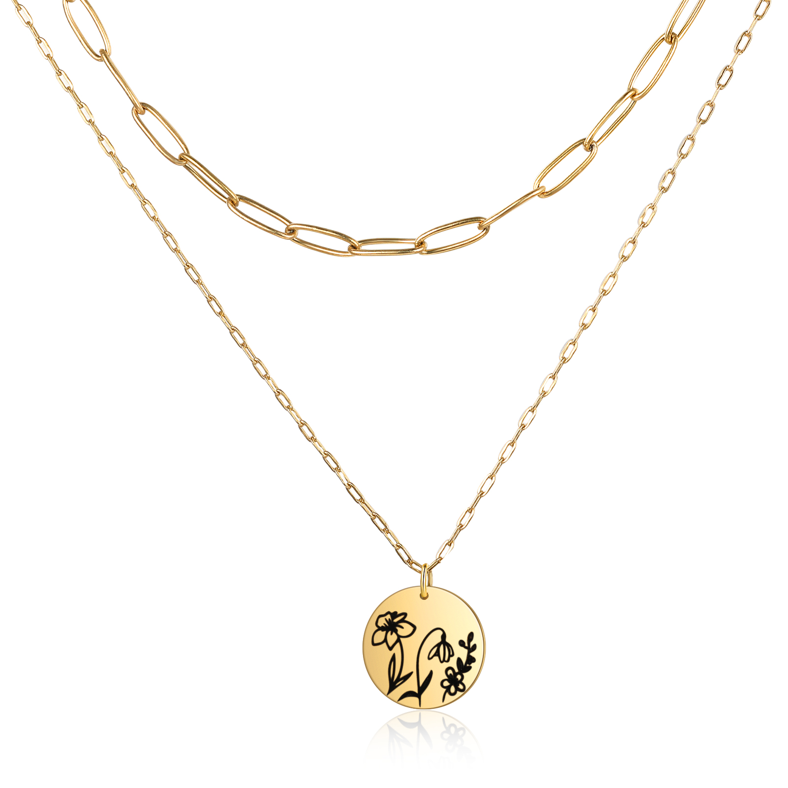 Personalised Double Necklace With 2 Birthflowers Engraved Name Gift For Her-Jessemade AU