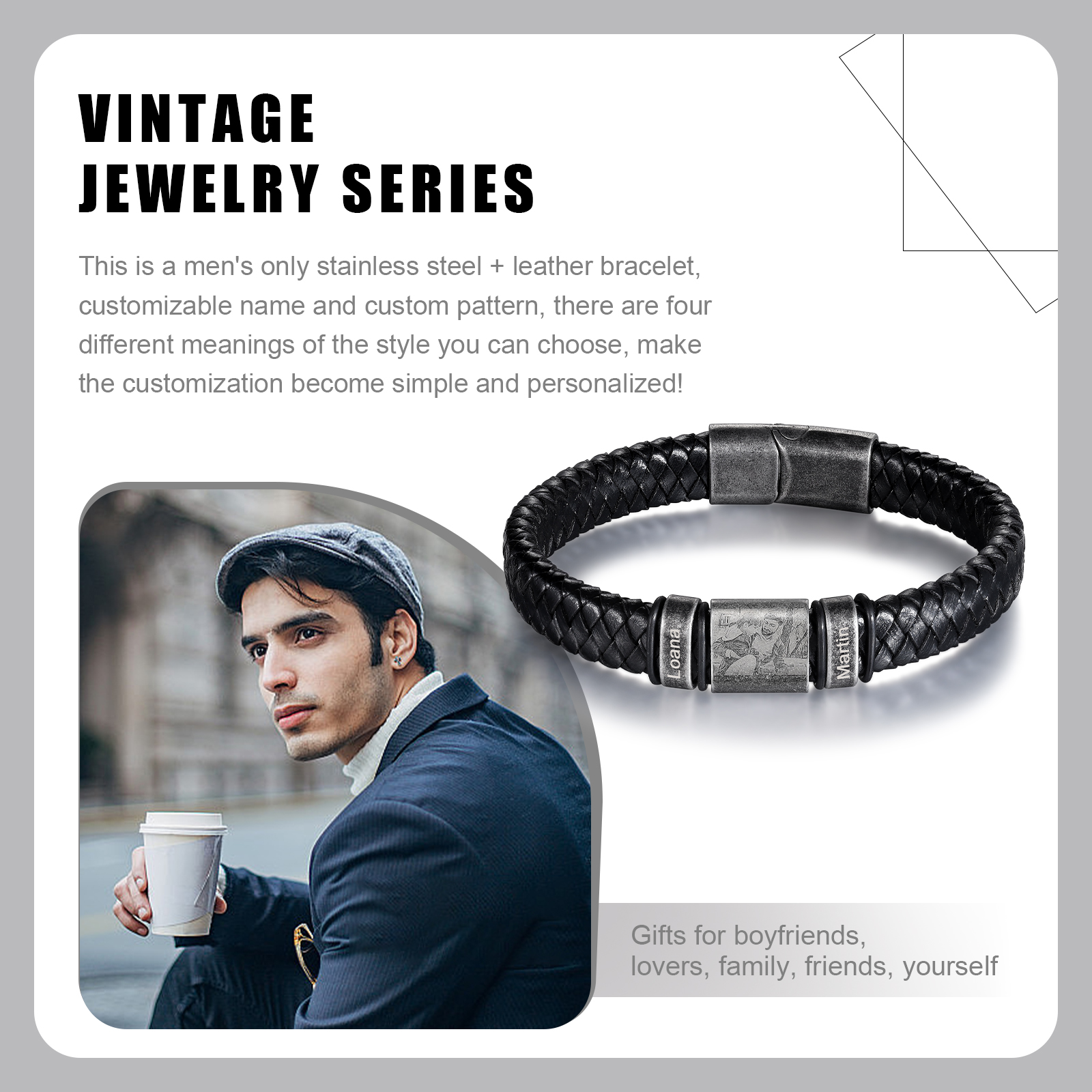 2 Names - Personalised Men's Leather Braided Bracelet Customised Name & Photo Bracelet Vintage Gift for Him-Jessemade AU