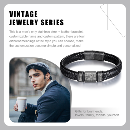 2 Names - Personalised Men's Leather Braided Bracelet Customised Name & Photo Bracelet Vintage Gift for Him-Jessemade AU