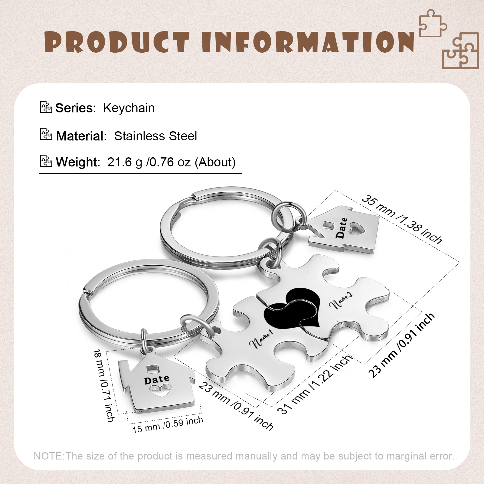2 PCS Couple Keychain Set Custom 2 Names & Date Keyring Puzzle Keychain Valentine's Day Personalised Gift for Him/Her-Jessemade AU