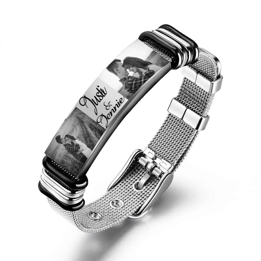 Personalised ID Bar Bracelet Engraved 2 Photos Men Women Bracelet-Jessemade AU