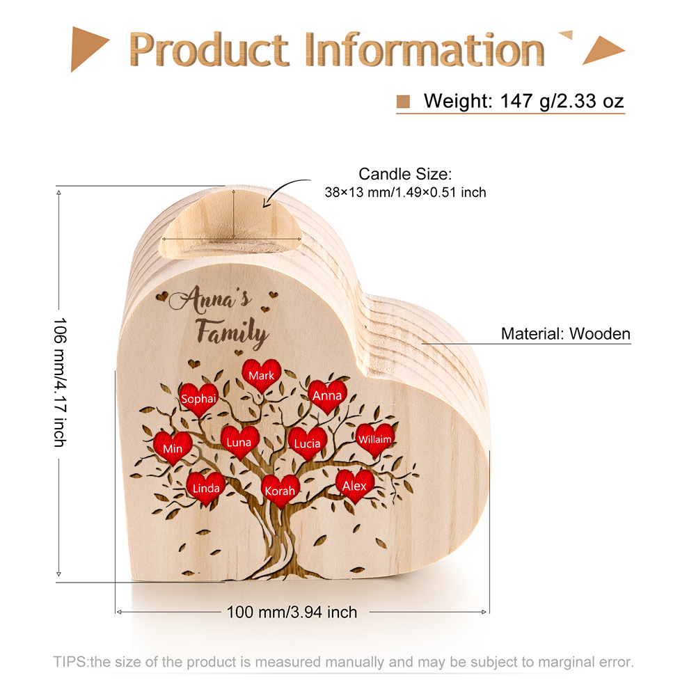 To My Family Wooden Heart Candle Holder Custom 10 Names Family Tree Candlesticks-Jessemade AU