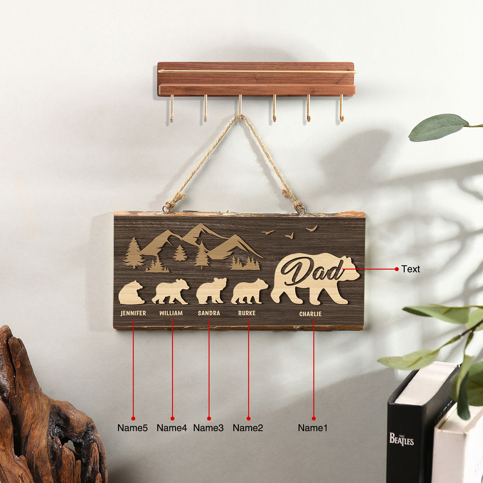 Personalised 5 Names & 1 Text Rectangle Hanging Ornament Custom Bear Family Wooden Sign Home Decor Father's Day Gifts-Jessemade AU