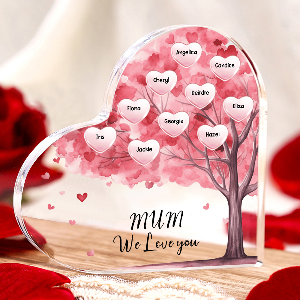 Personalised Text Acrylic Heart Keepsake Custom 1–12 Names Pink Purple Tree Ornaments Gifts for Grandma/Mother