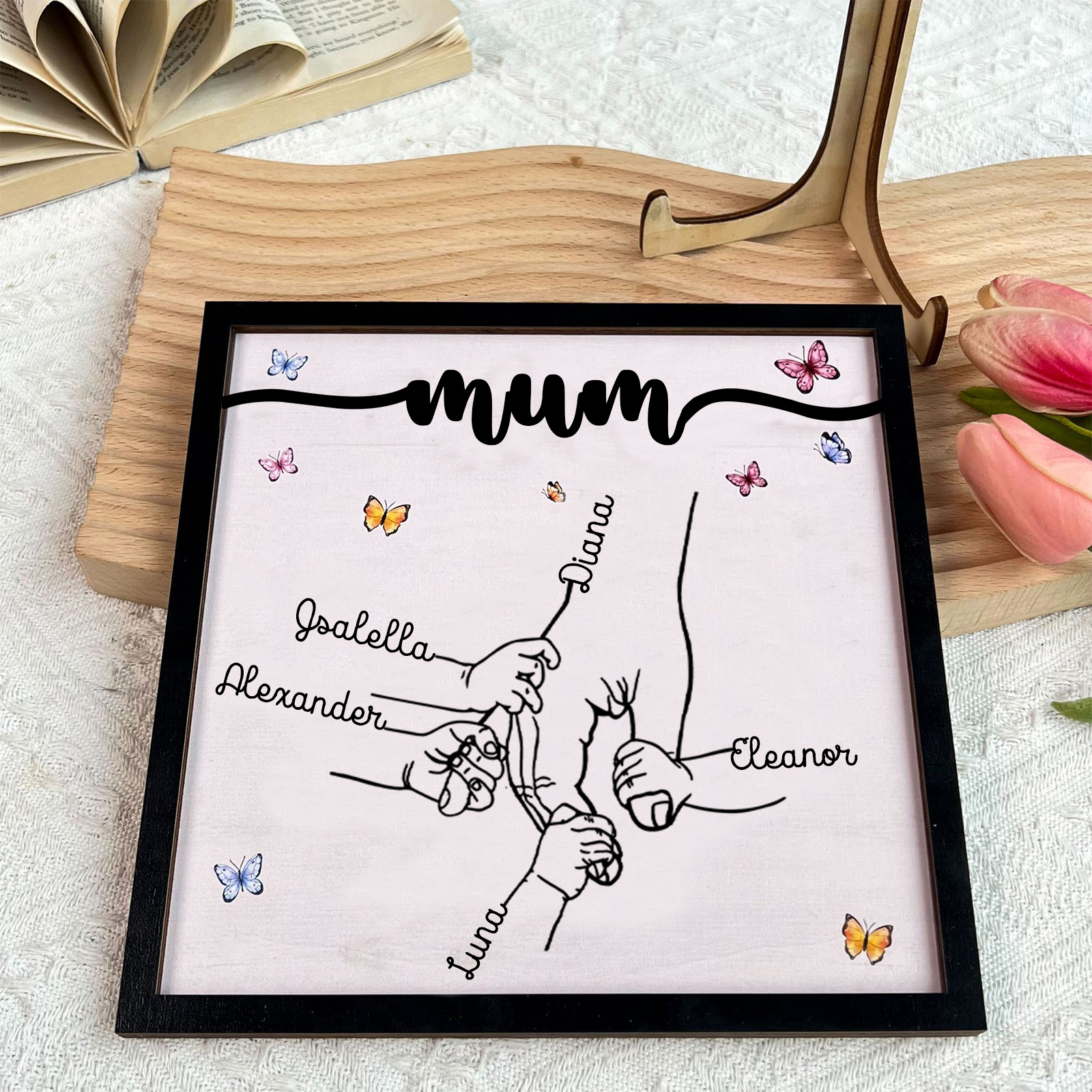 5 Names - Personalised Wooden Plaque Holding Mum's Hand Desktop Decorations Wooden Sign With Stand-Jessemade AU