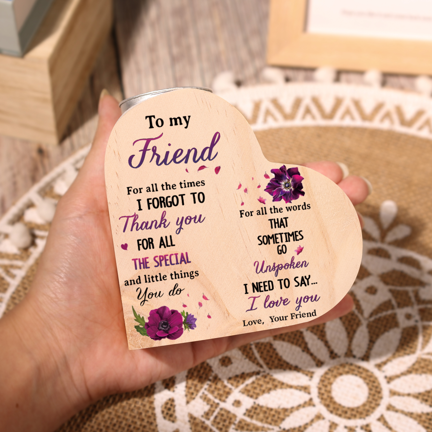 To My Friend Violet Flower Heart Candle Holder "I Need To Say I Love You" Wooden Candlestick-Jessemade AU