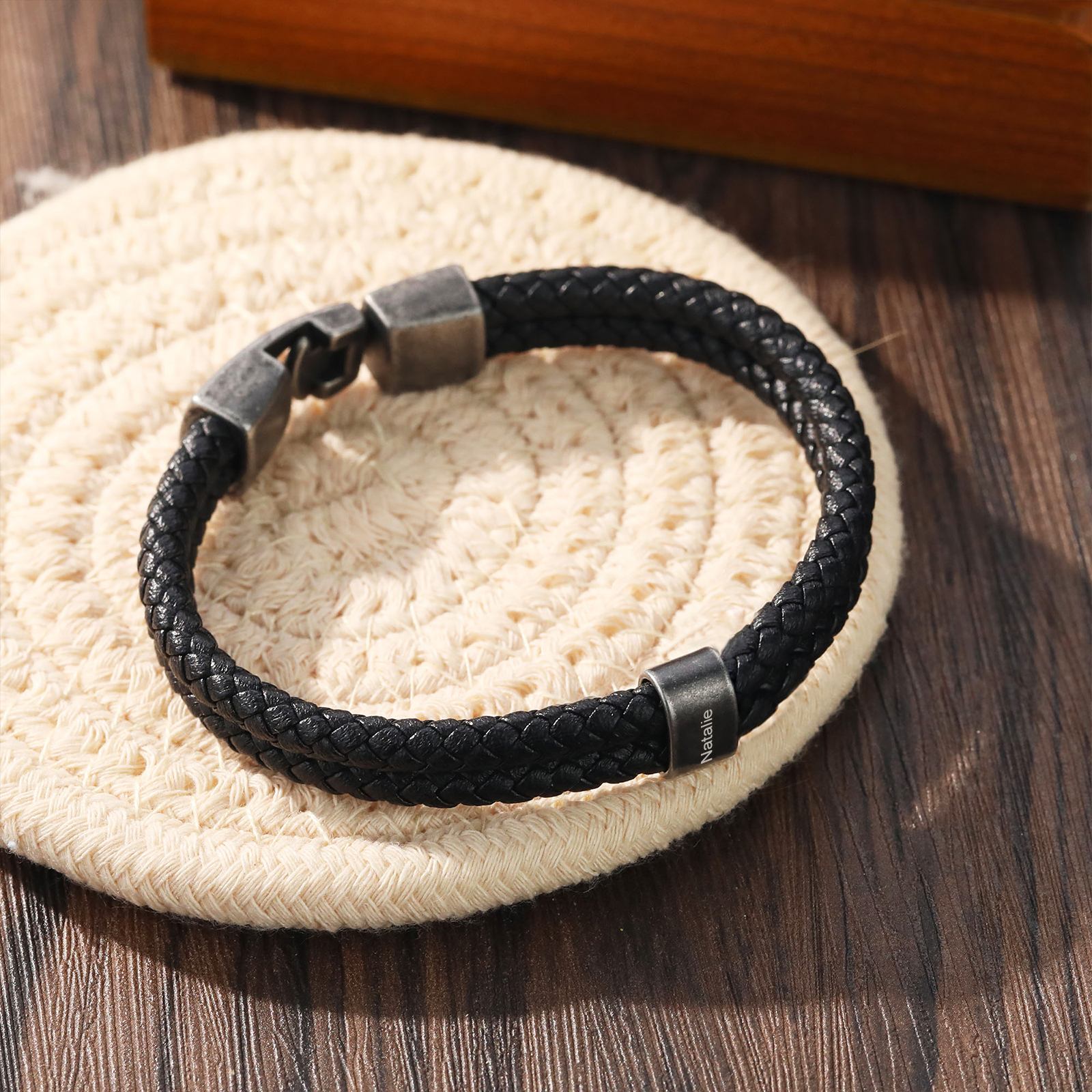 Personalised Men Leather Bracelet with 1 Name Beaded Wrap Bracelet Retro Style For Him-Jessemade AU