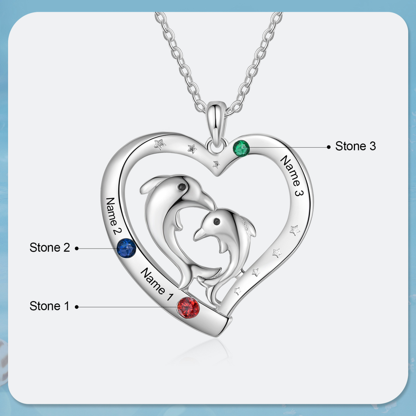 Personalised Heart Dolphin Pendant Necklace Custom 3 Birthstones Engraved 3 Names Necklace Gift for Her-Jessemade AU