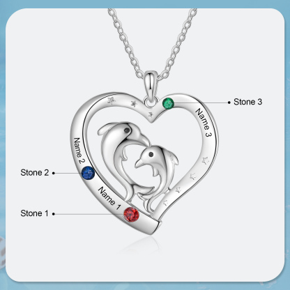 Personalised Heart Dolphin Pendant Necklace Custom 3 Birthstones Engraved 3 Names Necklace Gift for Her-Jessemade AU