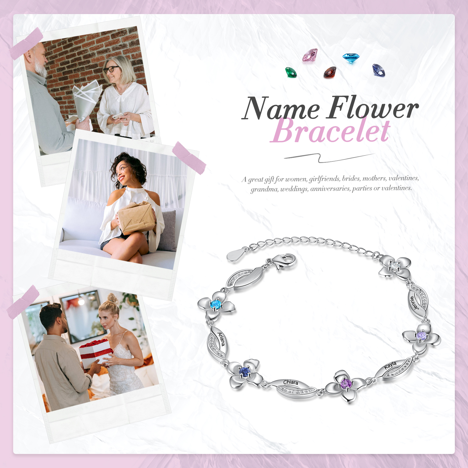Flowers Bracelet Personalised 4 Birthstone Bracelet Engraved Names Flowers Charm Gifts For Her-Jessemade AU