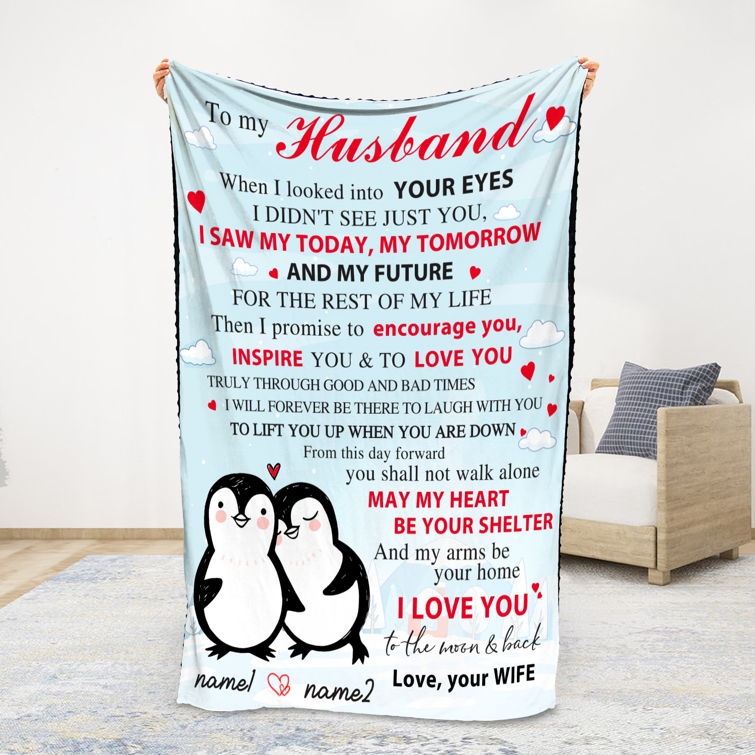 To My Husband Couple Penguin Blanket Custom Name Valentines Gift-Jessemade AU