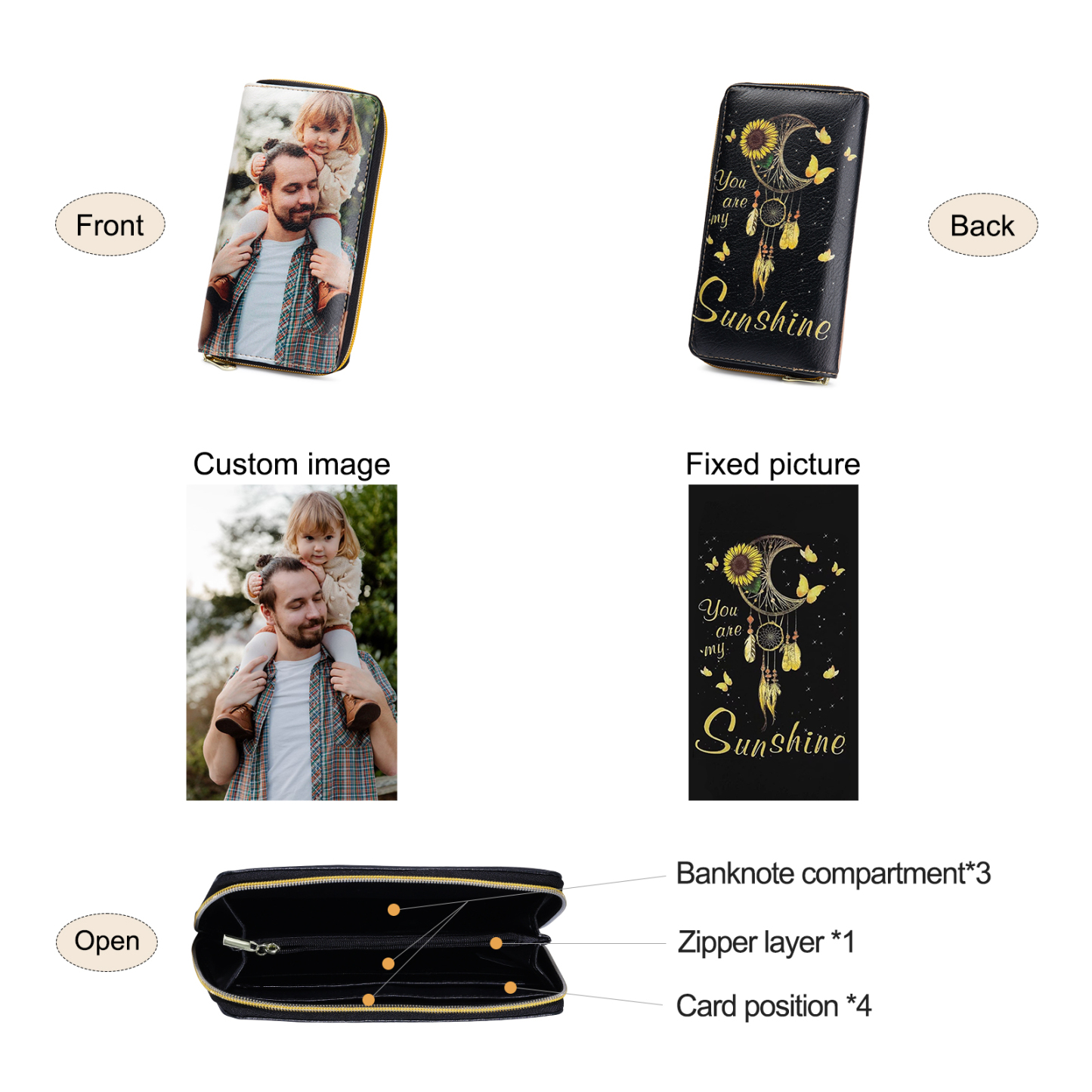 "You are My Sunshine",Personalised Dream Catcher Leather Wallet Engraved 1 Photo Zip Wallet Long Purse Gifts for Her-Jessemade AU