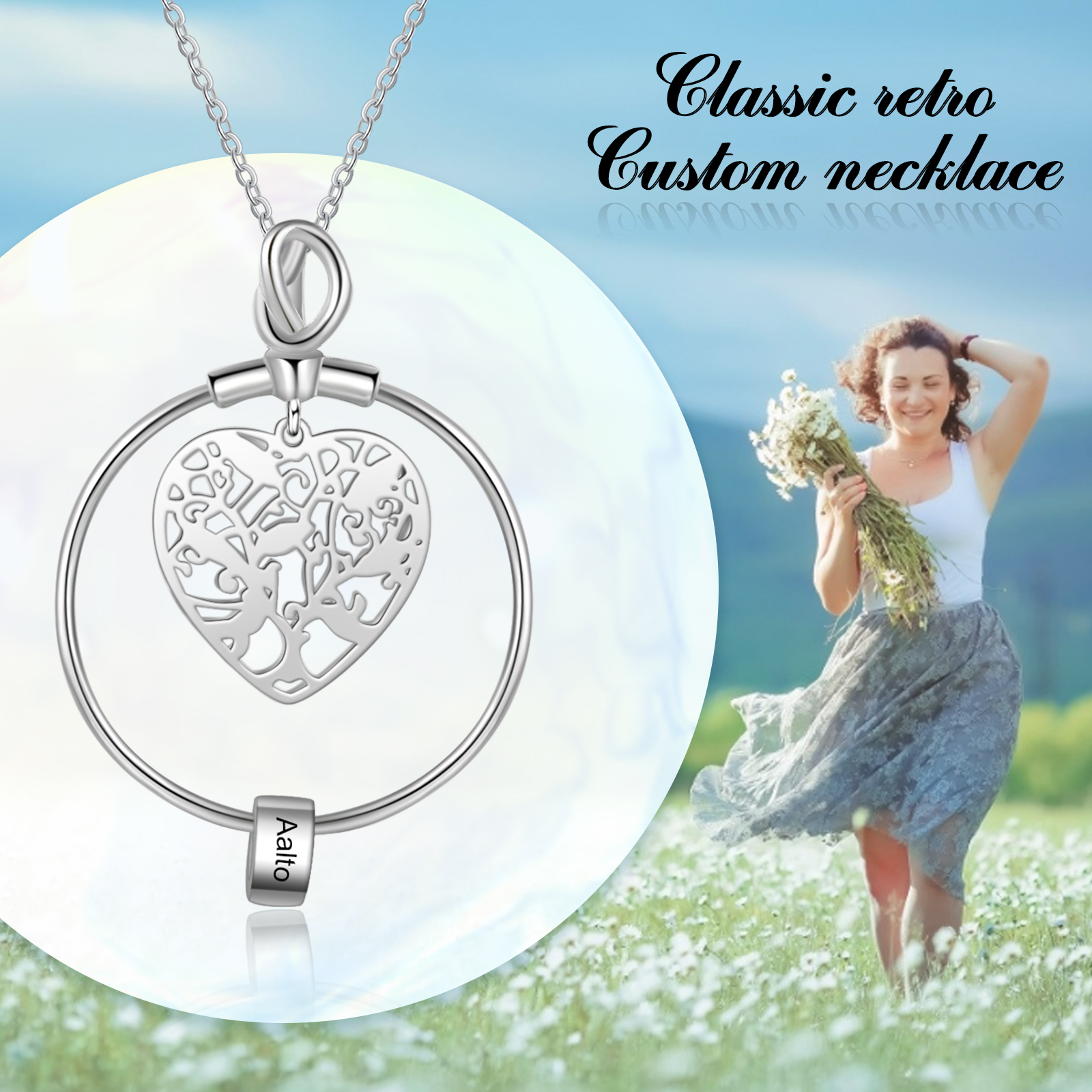 Customised Family Tree Necklace with 1 Bead Engraved 1 Name Heart Necklace Gifts For Her-Jessemade AU
