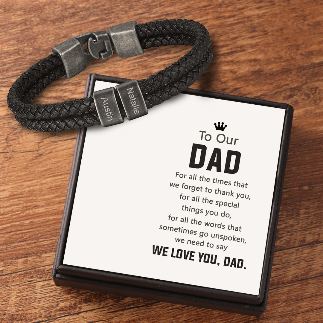 Personalised Retro Men Leather Bracelet with 2 Names Beaded Wrap Bracelet-Jessemade AU