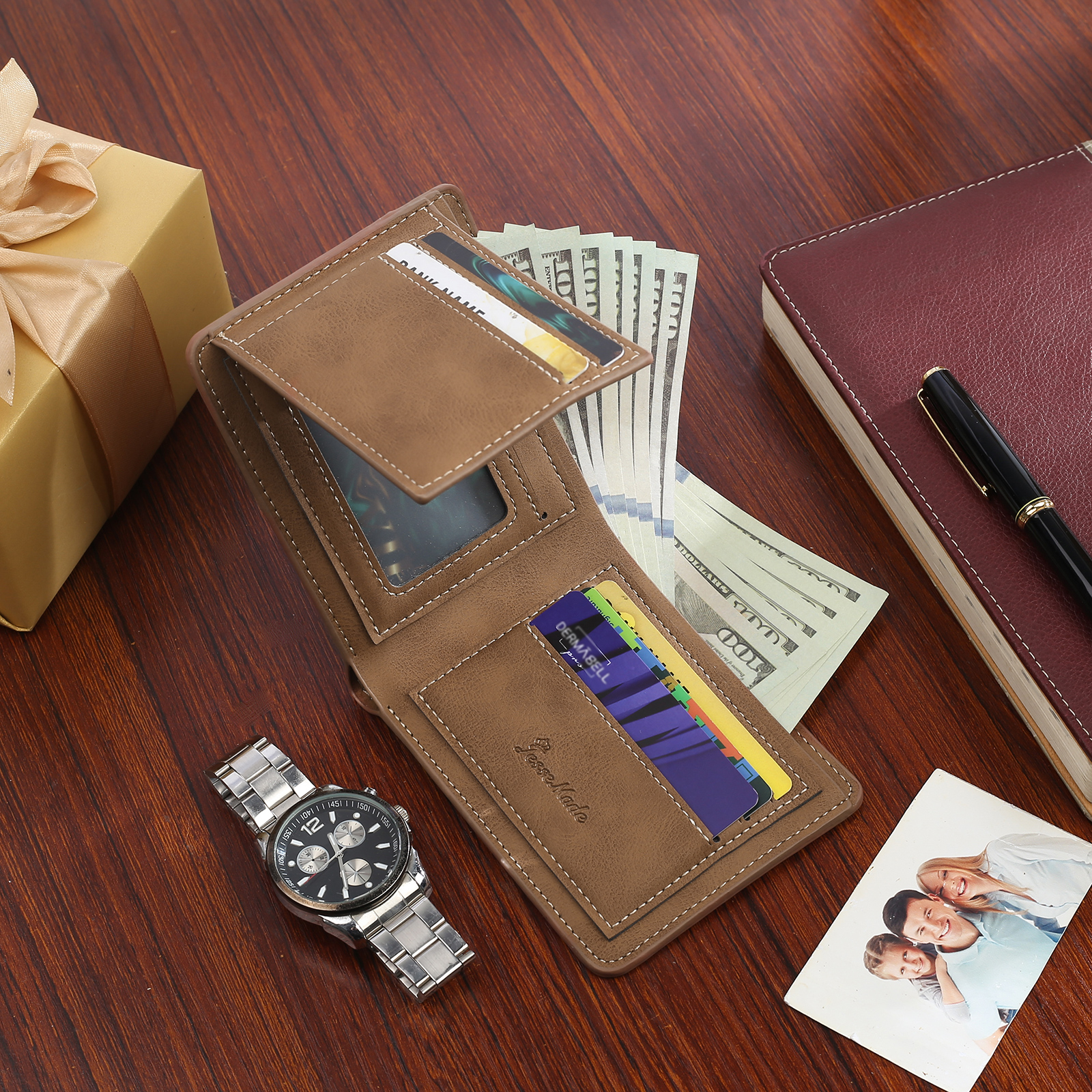 Personalised Monogram Leather Wallet Custom Photo & Name & Letter Wallet Father's Day Gift for Men-Jessemade AU