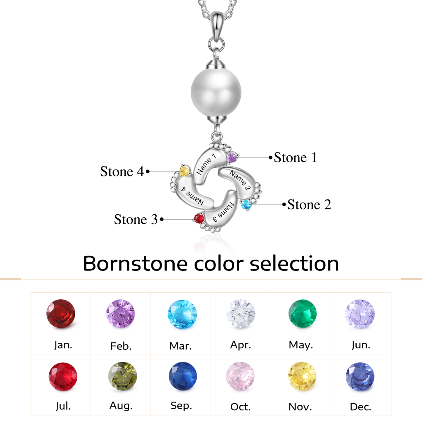 Personalised Baby Feet Pearl Necklace Custom 4 Names & Birthstones Mother Necklace-Jessemade AU