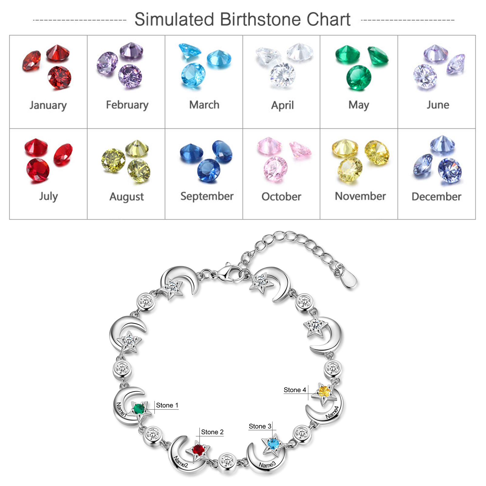 Personalised Moons And Stars Bracelet With 4 Birthstones Custom Names Bracelet Gift For Women-Jessemade AU