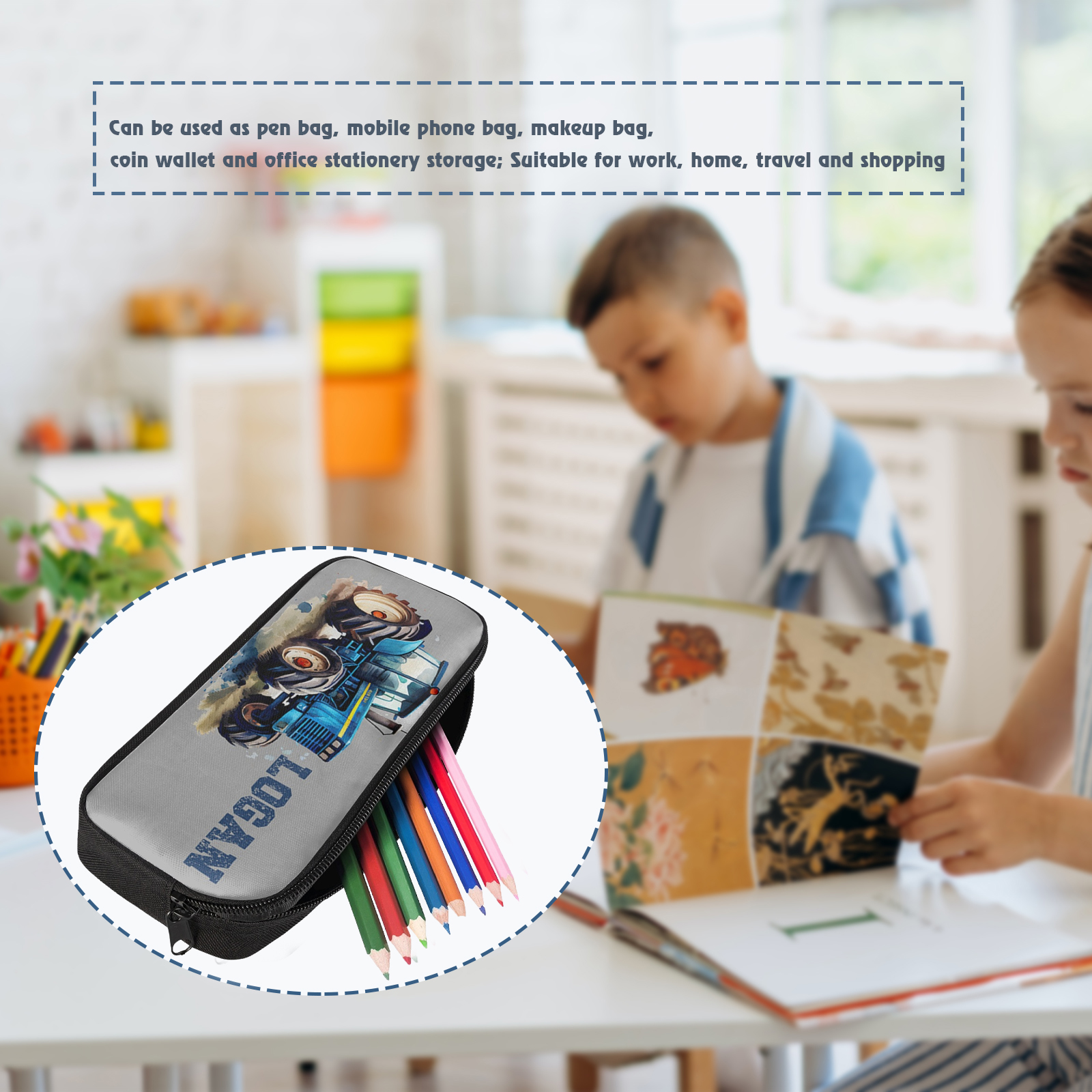 Personalised  Name Pencil Case Blue Bulldozer Pen Bag Zipper Back to School Gifts for Student-Jessemade AU