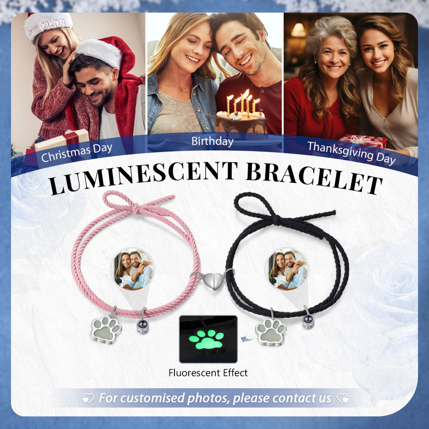 Personalised Photo Projection Bracelet Set Dog Paw Fluorescent Magnetic Bracelet Matching Gifts For Couples/Friends-Jessemade AU
