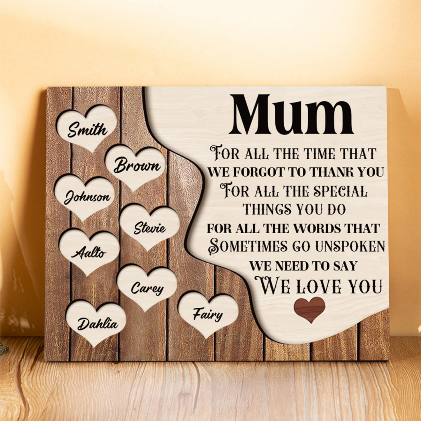 8 Names - Personalised Mum Wooden Plaque Custom Names Home Decoration Hearts Gift for Mother-Jessemade AU