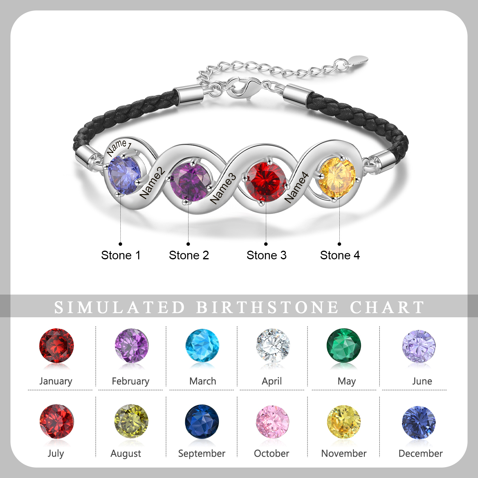 Personalised Infinity Bracelets Custom 4 Birthstones & 4 Names Adjustable Bracelet Gift for Her-Jessemade AU