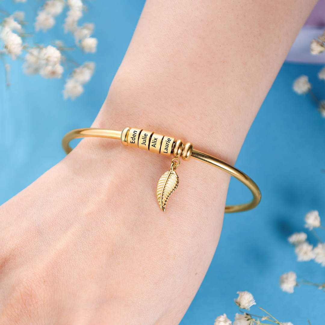 Women Bangle Bracelet with Leaf and Beads Engraved 1 Name Rose Gifts for Mother