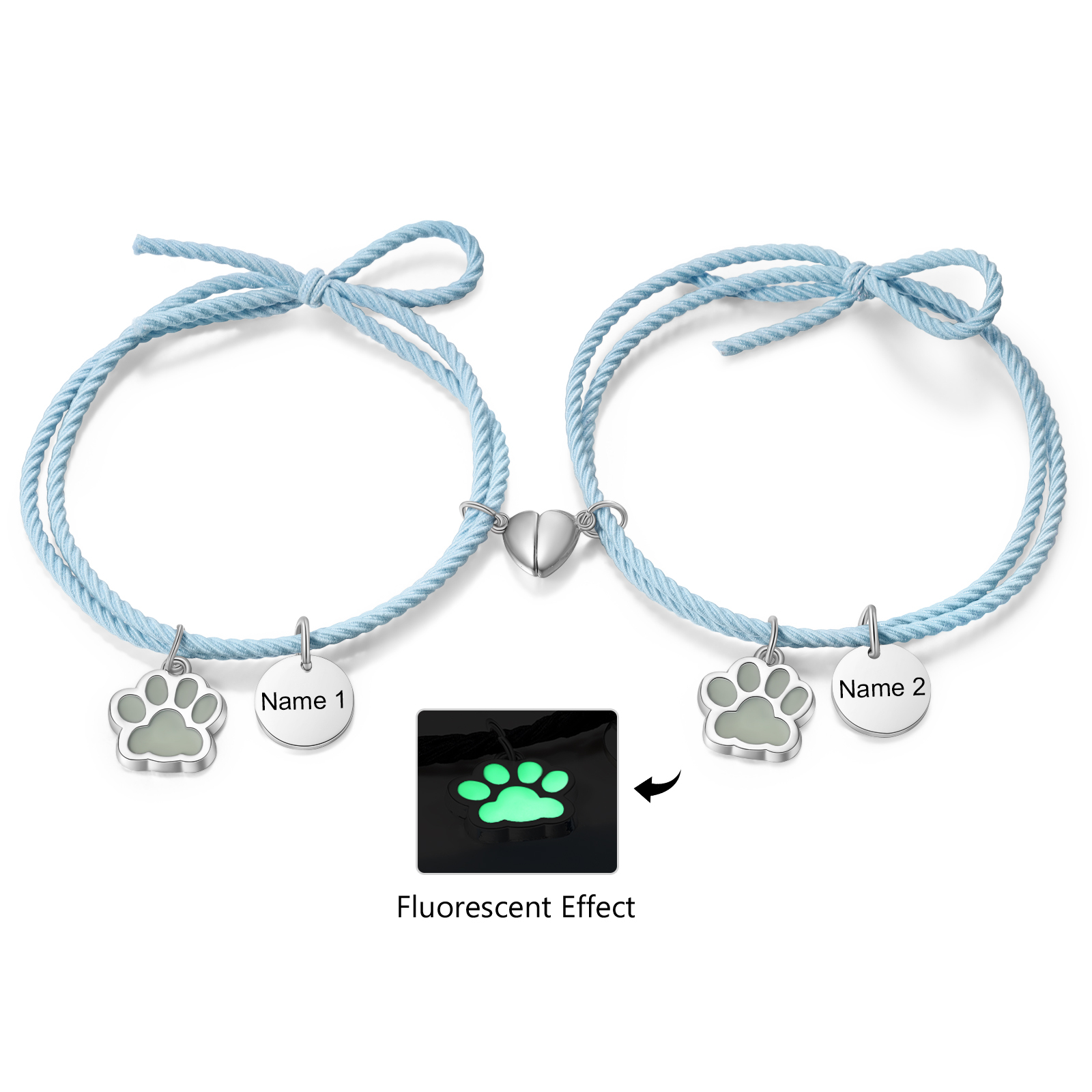 Personalised Couple Bracelets Engraved 2 Names Dog Paw Fluorescent Bracelet Magnetic Bracelet Gifts For Him/Her-Jessemade AU