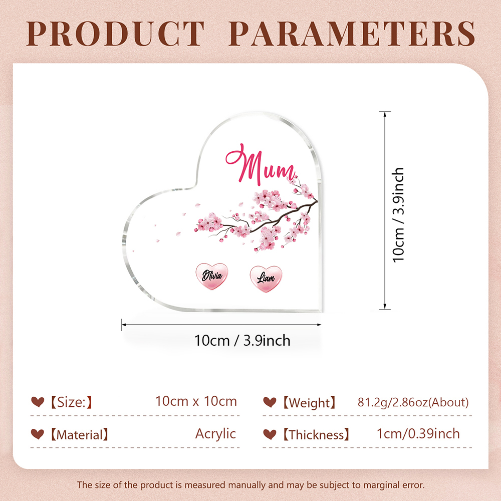 2 Names - Personalised Acrylic Heart Keepsake Custom Text Peach Blossom Ornaments Gifts for Grandma/Mother-Jessemade AU