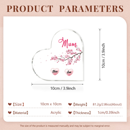 2 Names - Personalised Acrylic Heart Keepsake Custom Text Peach Blossom Ornaments Gifts for Grandma/Mother-Jessemade AU