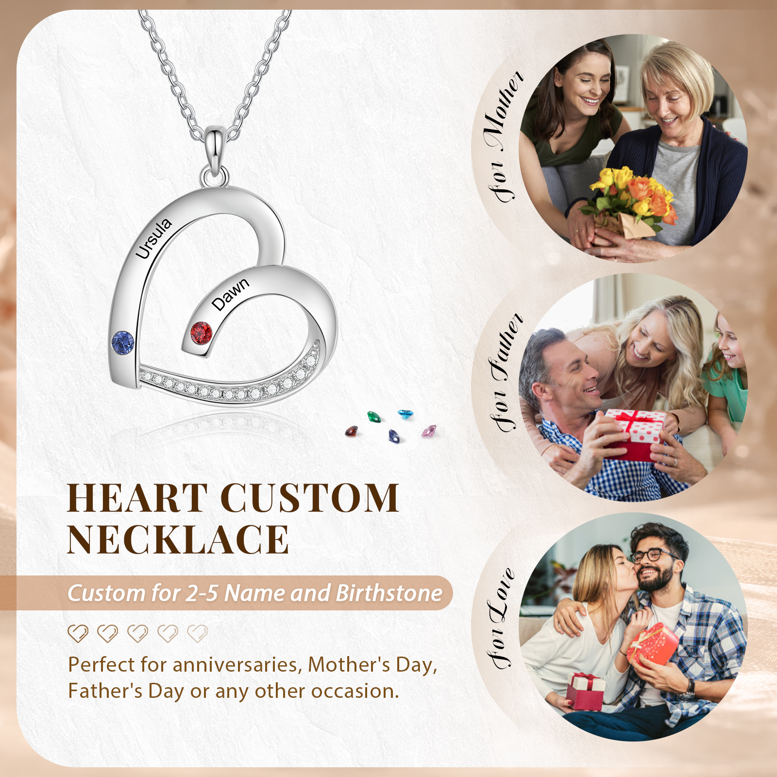 Personalised Heart Pendant Necklace Custom 2 Birthstones & 2 Names Necklace Gifts for Her-Jessemade AU