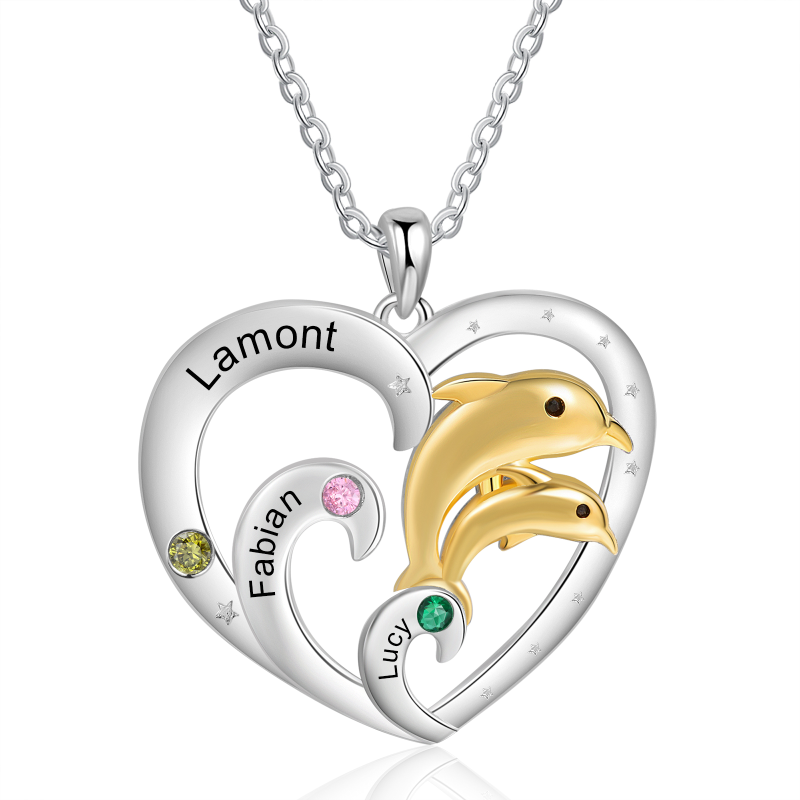 Personalised Heart Dolphin Pendant Necklace Custom 3 Birthstones Engraved 3 Names Necklace Gift for Her-Jessemade AU
