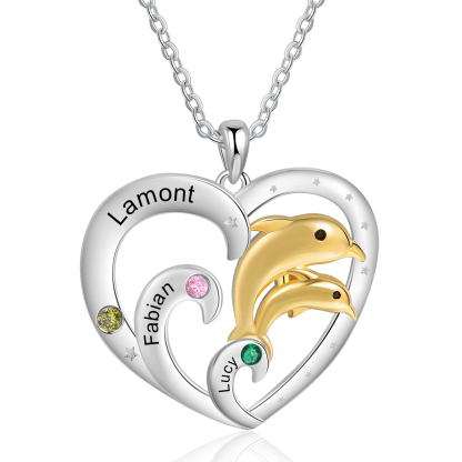 Personalised Heart Dolphin Pendant Necklace Custom 3 Birthstones Engraved 3 Names Necklace Gift for Her-Jessemade AU