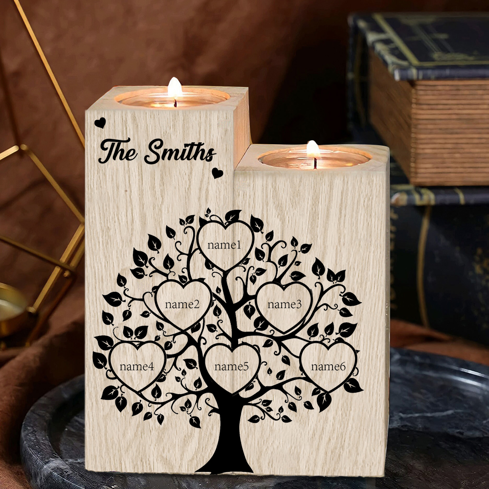 Family Name Wooden Heart Candle Holder Custom 6 Names Family Tree Candlesticks-Jessemade AU