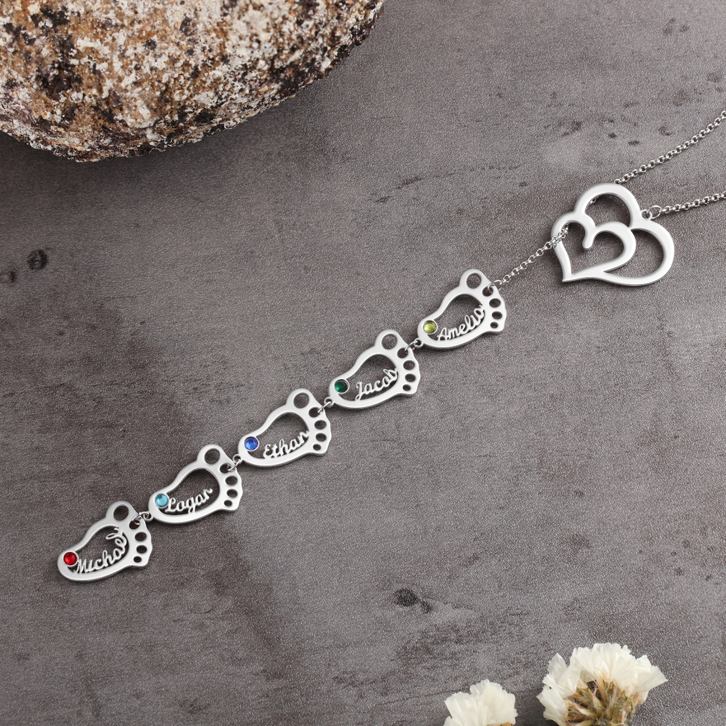 Personalised Baby Foot Necklace With Birthstones Custom 5 Names Necklace Gift For Mother-Jessemade AU
