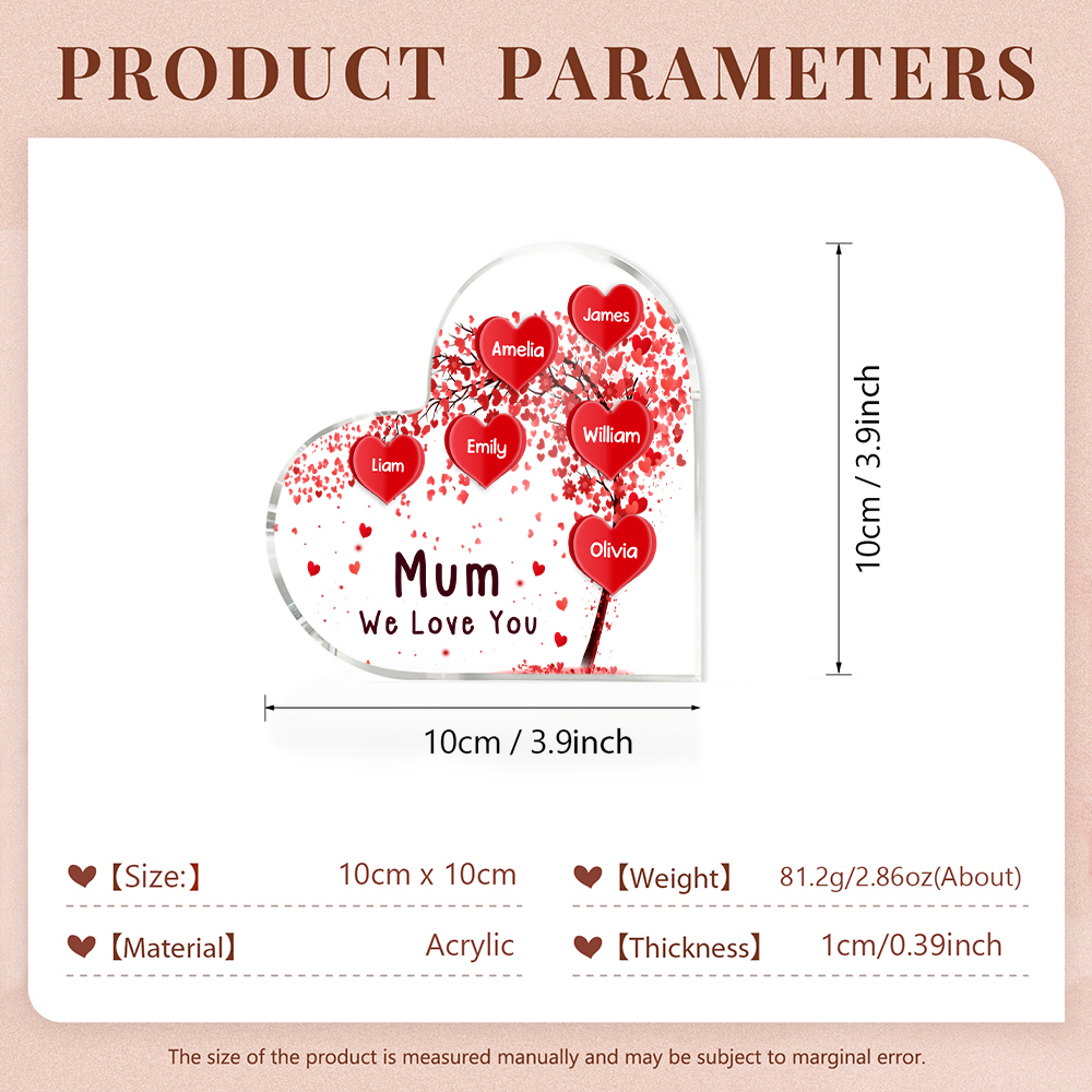 6 Names - Personalised Acrylic Heart Keepsake Custom Text Red Tree Ornaments Gifts for Grandma/Mother-Jessemade AU