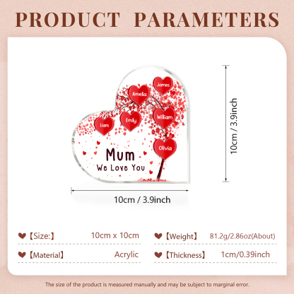6 Names - Personalised Acrylic Heart Keepsake Custom Text Red Tree Ornaments Gifts for Grandma/Mother-Jessemade AU