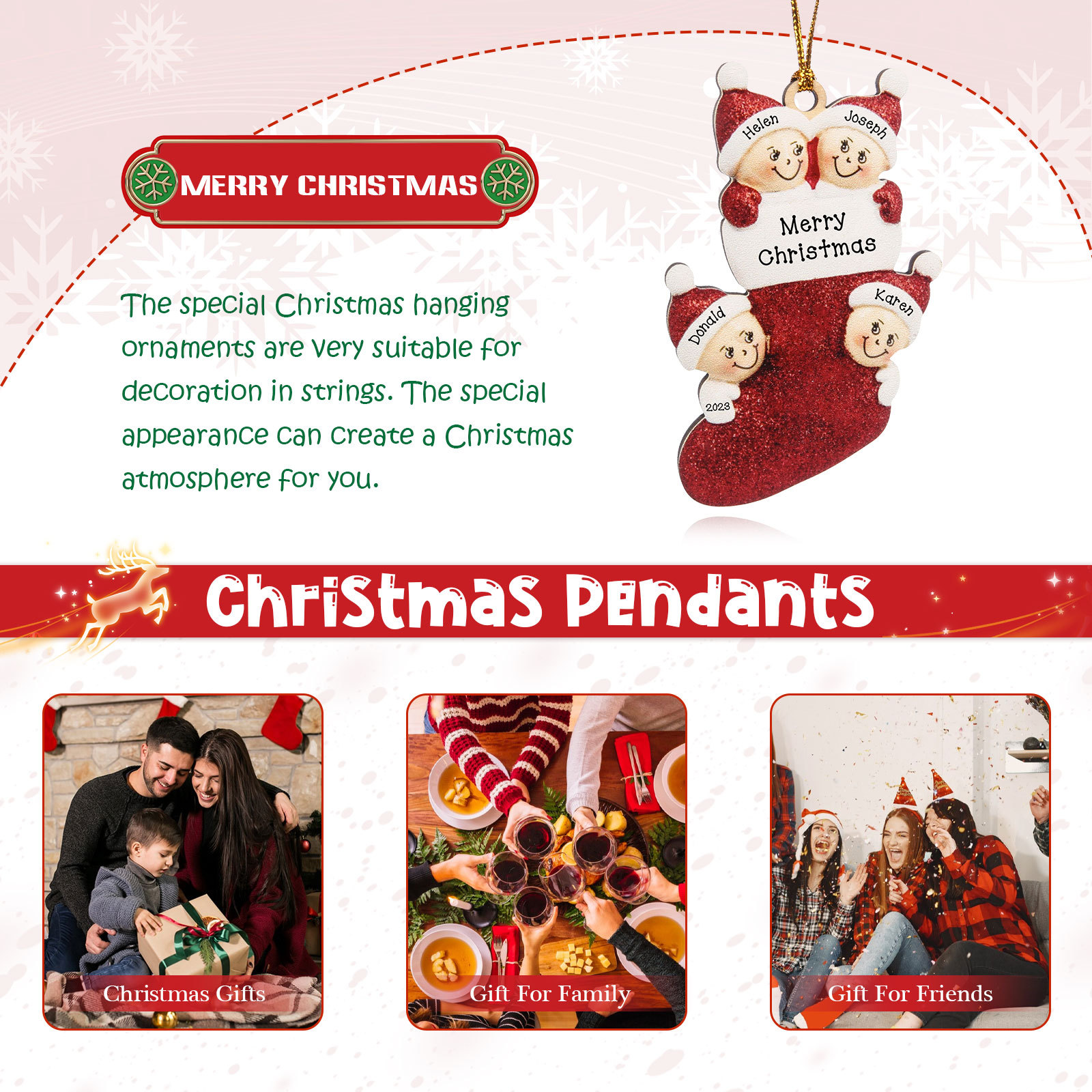 4 Names - Personalised Christmas Stocking Ornament Customised Name & Text & Year Wooden Hanging Ornaments Christmas Gift for Family-Jessemade AU