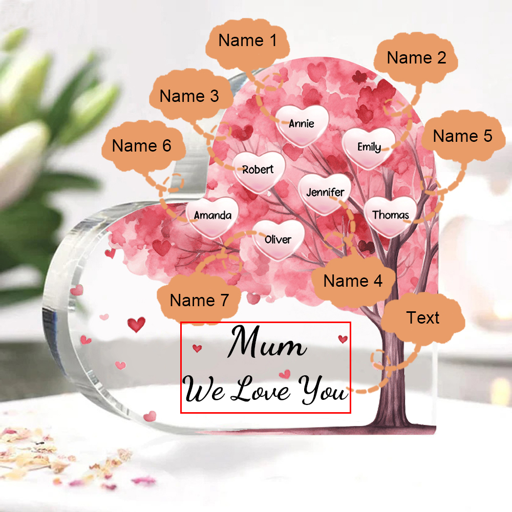 7 Names - Personalised Acrylic Heart Keepsake Custom Text Pink Tree Ornaments Gifts for Grandma/Mother-Jessemade AU