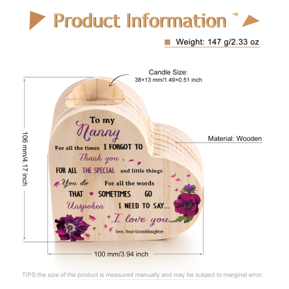 To My Nanny/Nanna/Nan/Gran Heart Candle Holder Wooden Candlestick Gift for Grandma - For All The Times I Forgot To Thank You-Jessemade AU