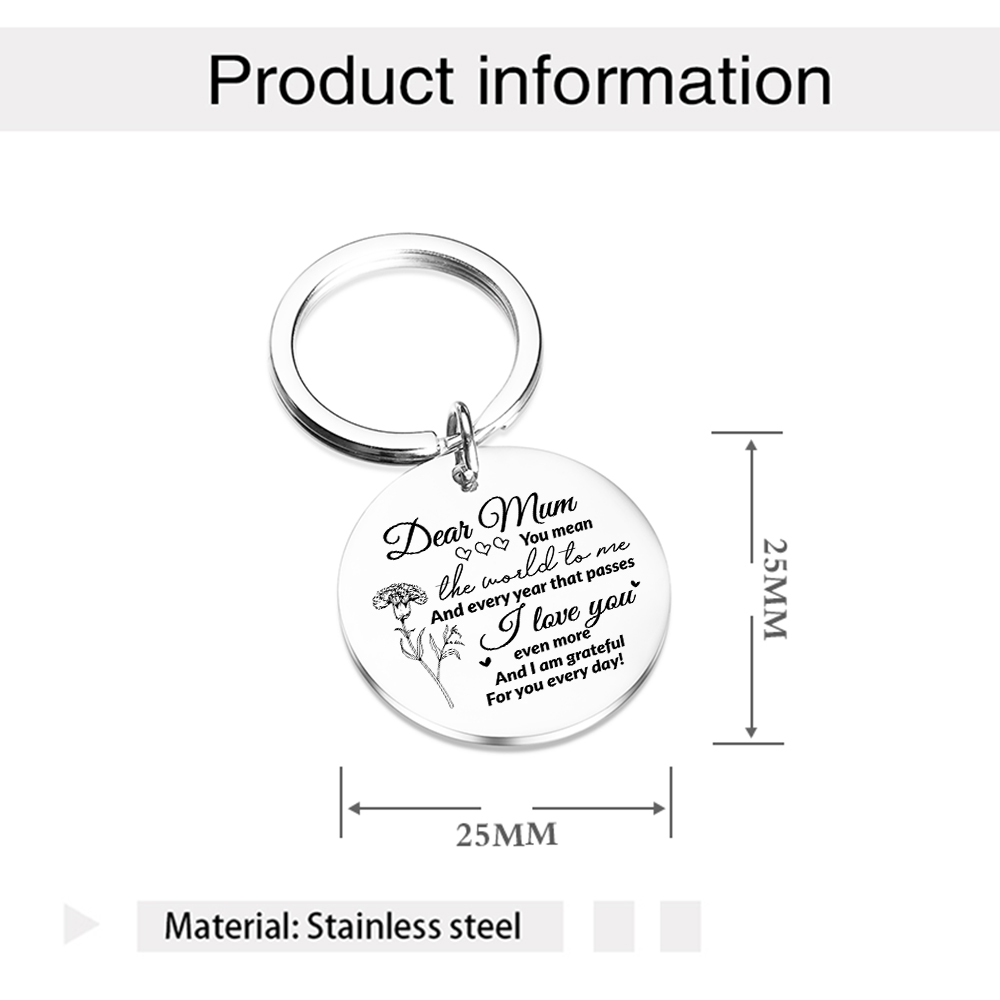 Personalised Text Keychain Circle Pendant Carnation Keychain Gift for Mum/Mom - You Mean The World To Me -Jessemade AU