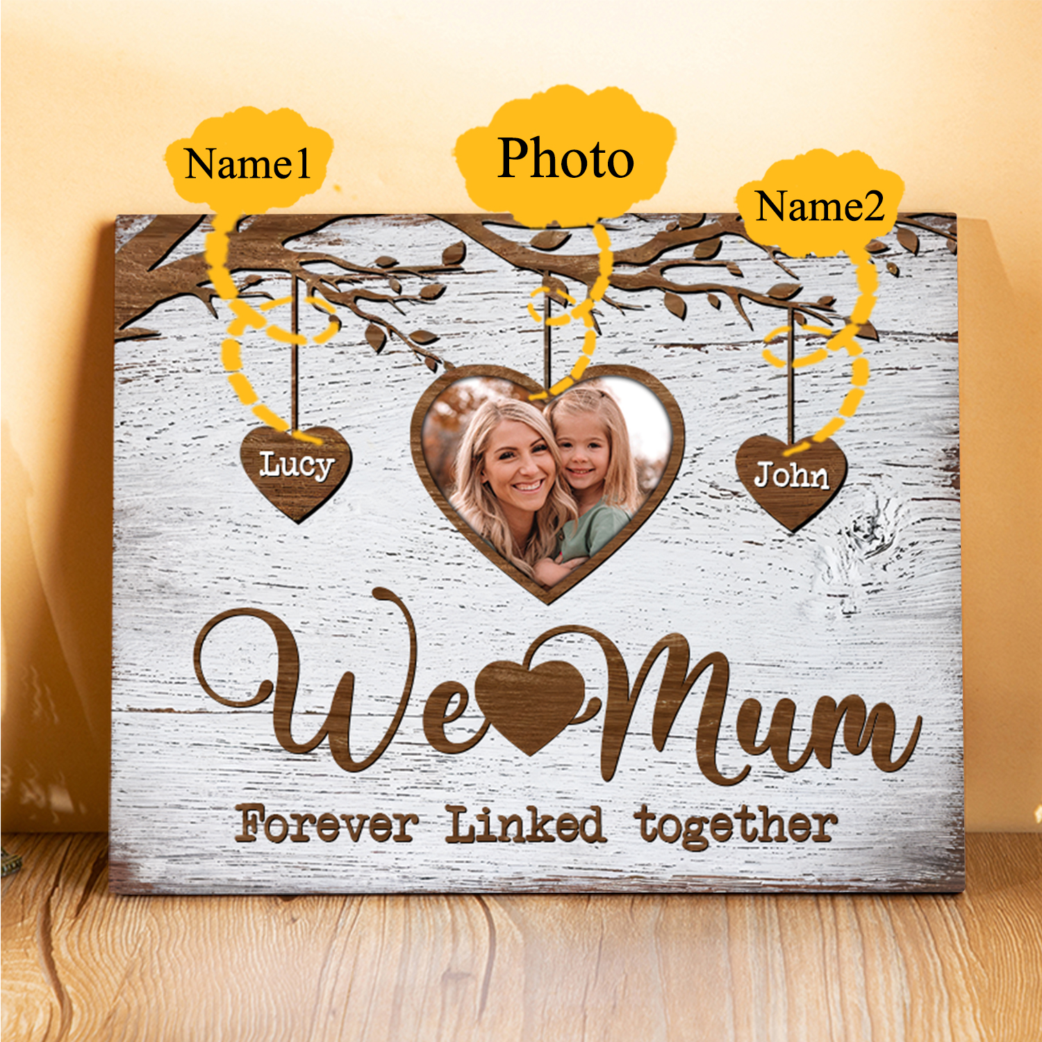 Personalised 2 Names & 1 Photo Wooden Plaque Custom Family Tree Home Decor Mother's Day Gifts - We Love Mum, Forever Linked Together-Jessemade AU