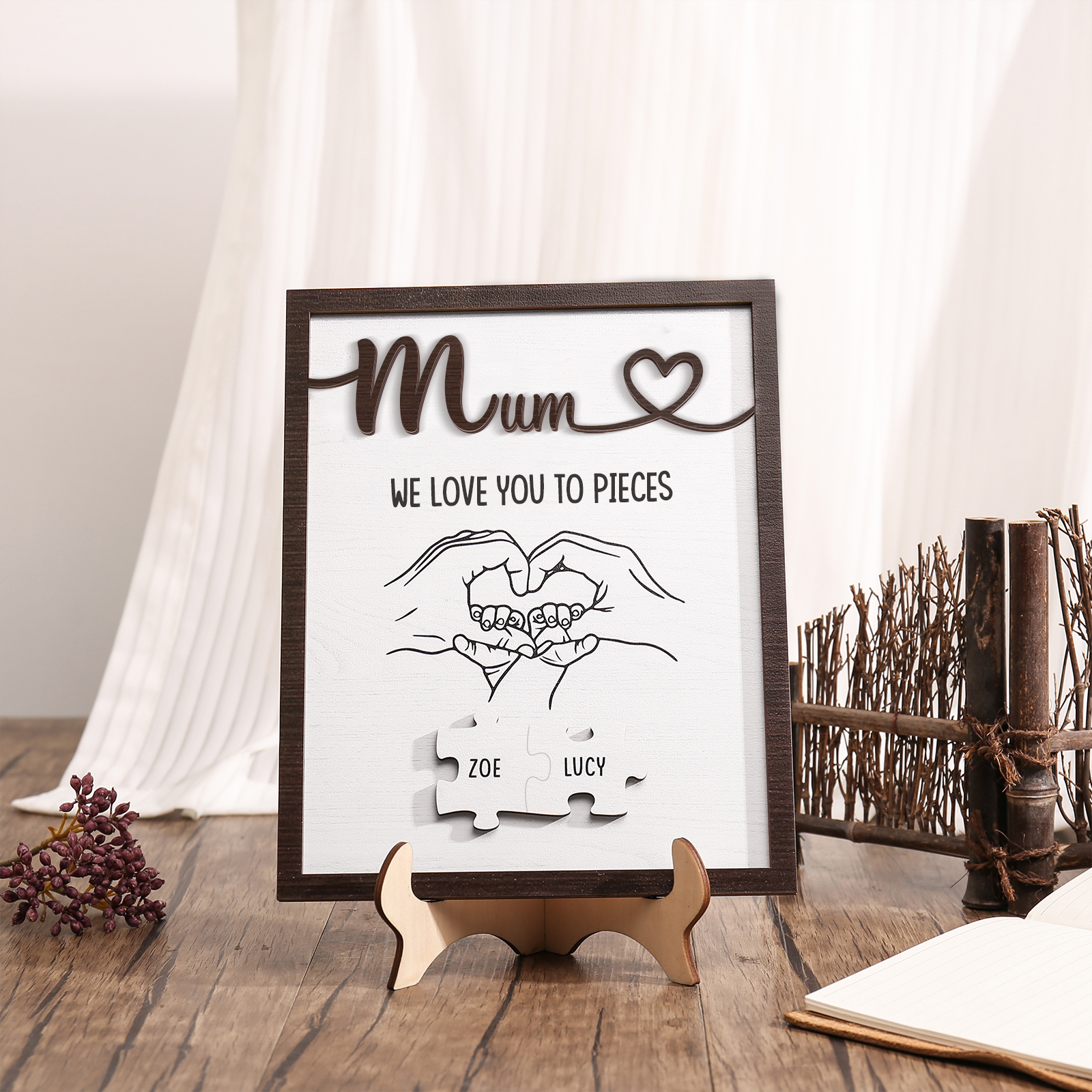 Personalised Puzzle Pieces Wooden Plaque Custom 2 Names & Text & Salutation Holding Hands Family Wooden Sign With Stand Gifts for Mum-Jessemade AU
