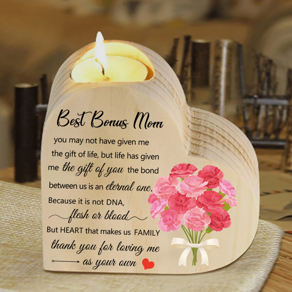 To My Mom Heart Candle Holder Wooden Candlestick Mothers Gifts-Thank you for loving me as your own-Jessemade AU