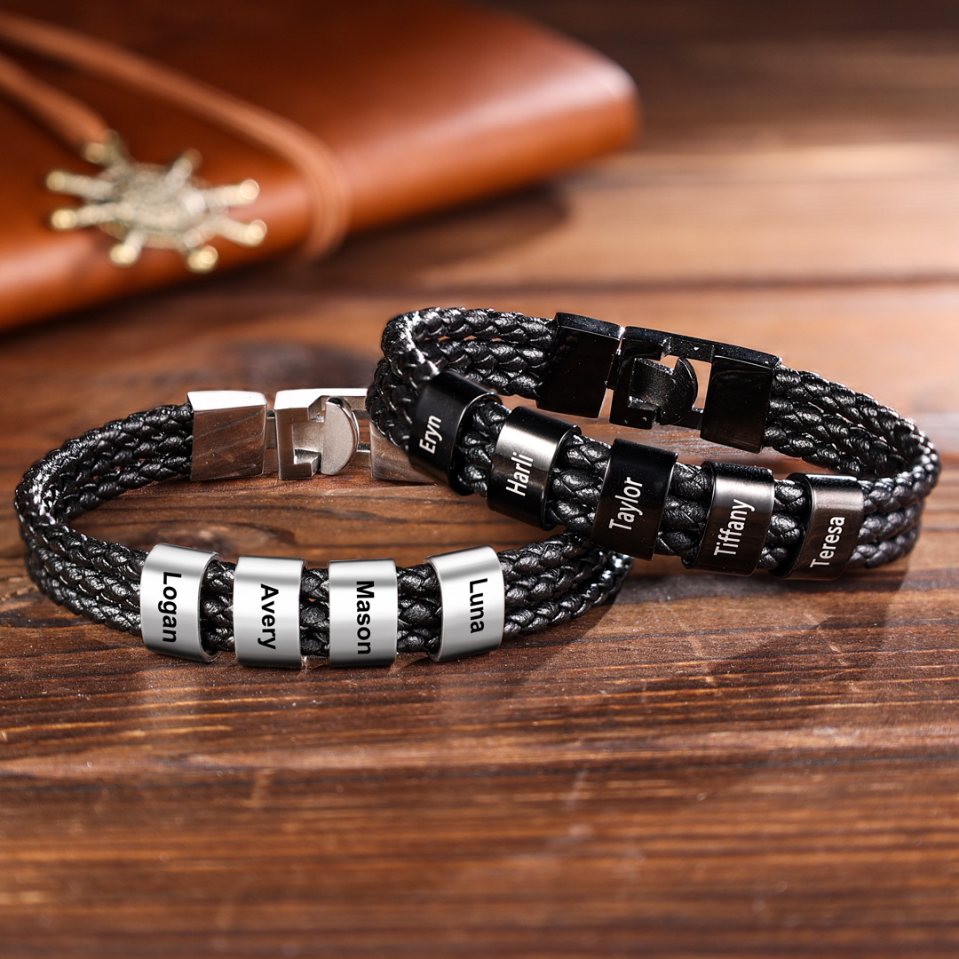 Personalised Braided Leather Bracelet Engraved 6 Names Men's Bracelet Gifts For Him-Jessemade AU
