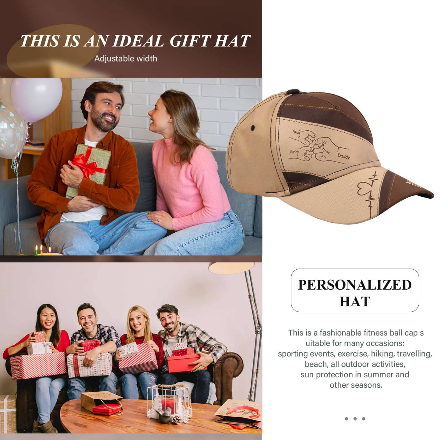 Personalised Fist Bump Classical Baseball Cap Custom 3 Names & 1 Text Snapback Adjustable Gift for Dad/Grandpa/Husband-Jessemade AU