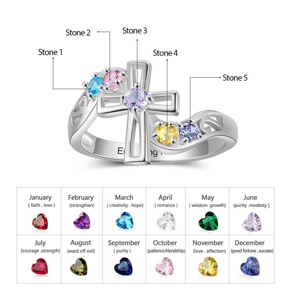 S925 Silver Ring Personalised 5 Birthstones Cross Ring With Names Gifts For Her-Jessemade AU