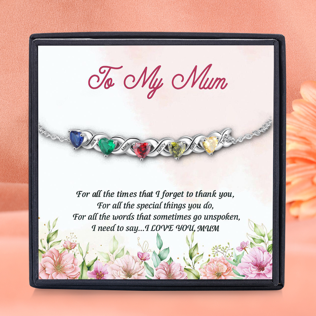 Personalised Bracelet With 5 Heart Birthstones Engraved Names Bracelet Gift For Women-Jessemade AU