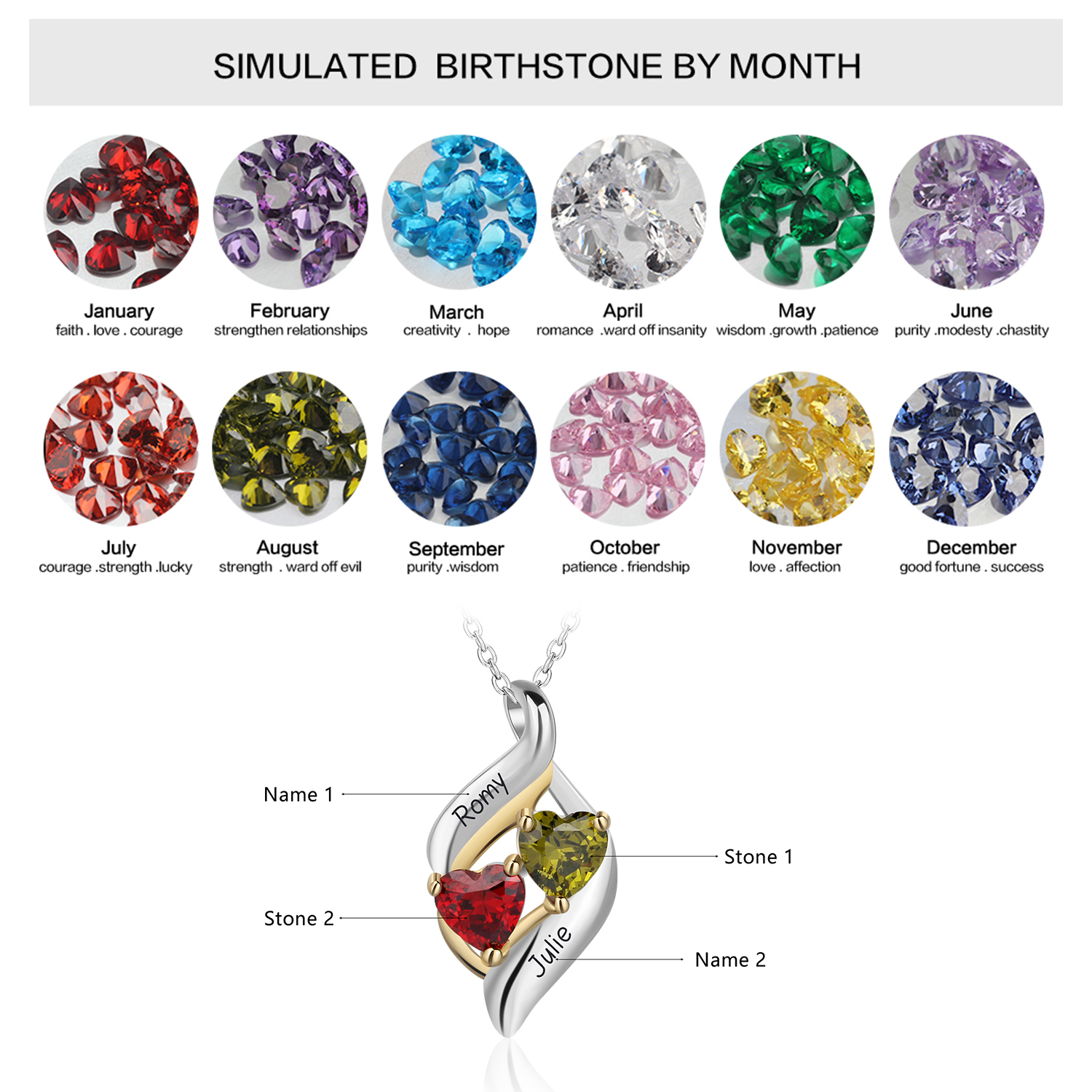 Personalised S925 Necklace With 2 Heart Birthstones Engraved Names Gift For Her-Jessemade AU