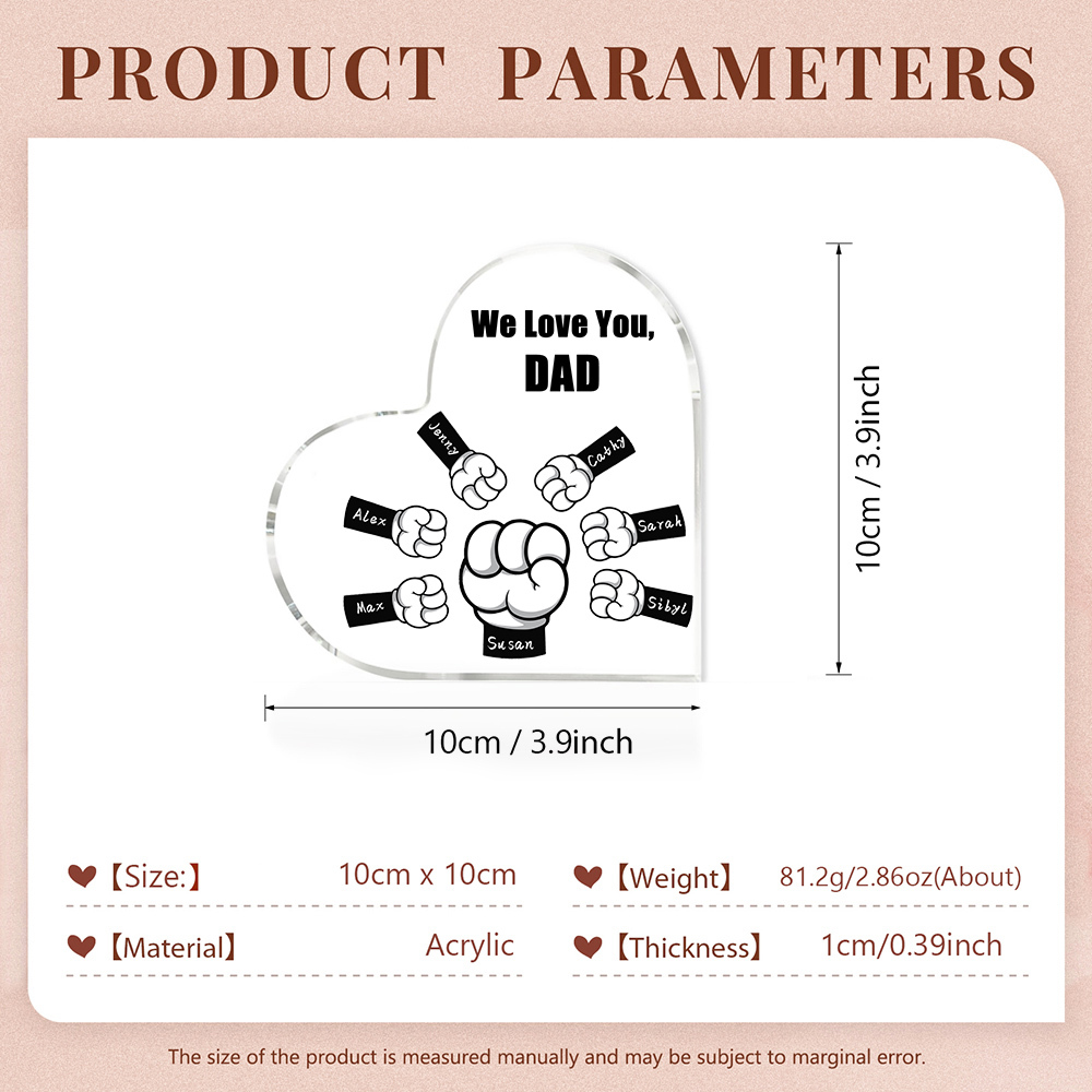 Personalised Acrylic Heart Keepsake Custom 7 Names & 1 Text Fist Bump Ornaments Gifts for Dad/Grandpa-Jessemade AU