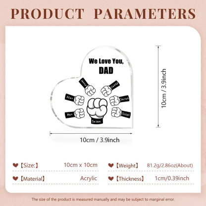 Personalised Acrylic Heart Keepsake Custom 7 Names & 1 Text Fist Bump Ornaments Gifts for Dad/Grandpa-Jessemade AU